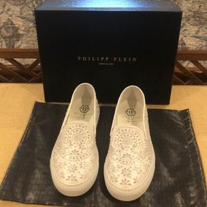 Philipp Plein white embellished slip on’s